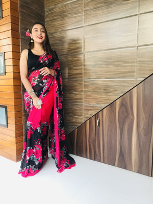 kashvi sarees Floral Print Bollywood Georgette Saree(Red, Black)