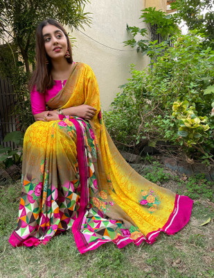 kashvi sarees Geometric Print, Floral Print Bollywood Georgette Saree(Yellow)