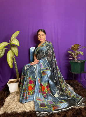kashvi sarees Floral Print Bollywood Georgette Saree(Blue, Grey)