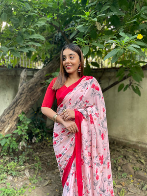 kashvi sarees Floral Print Bollywood Georgette Saree(Red, Pink)