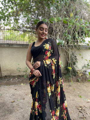 kashvi sarees Floral Print Bollywood Georgette Saree(Black)