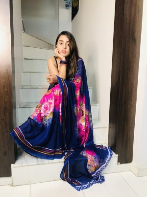 kashvi sarees Printed Bollywood Georgette Saree(Blue, Pink)