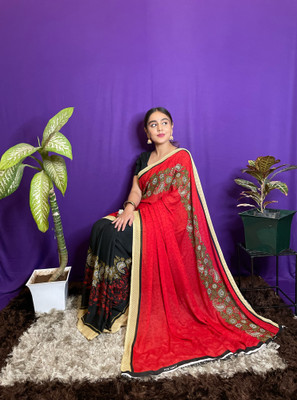 Anand Sarees Floral Print Bollywood Georgette Saree(Red, Black)
