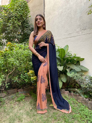 Anand Sarees Printed Bollywood Georgette Saree(Blue, Beige)