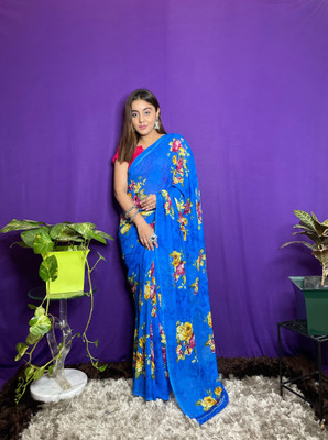 Anand Sarees Floral Print Bollywood Georgette Saree(Blue)