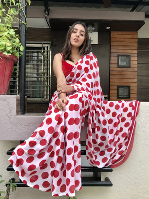 Anand Sarees Polka Print Bollywood Georgette Saree(Red, White)