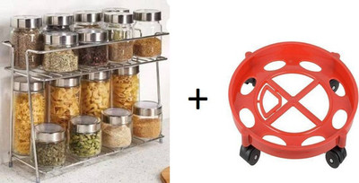 Homedmart Presents Combo of Plastic Gas Trolley & Stainless Steel Spice Containers Kitchen Rack(Plastic)