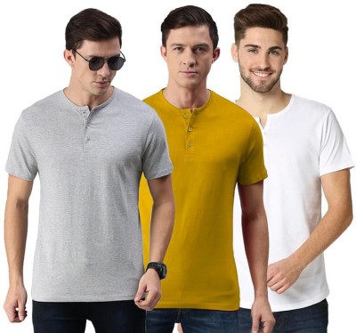 LazyChunks Solid Men Henley Neck Grey, Yellow, White T-Shirt