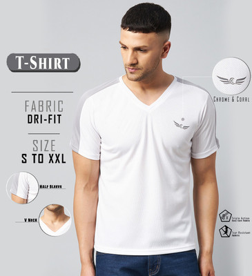 Chrome & Coral Colorblock Men V Neck White T-Shirt