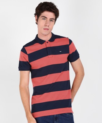 Wrangler Striped Men Polo Neck Orange T-Shirt