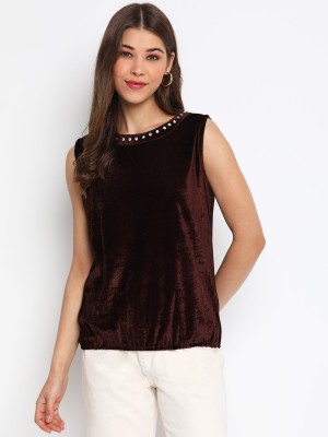 MAYRA Party Solid Women Brown Top