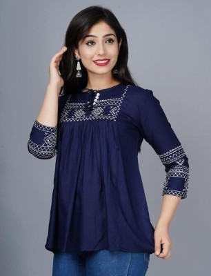 RRFABRICS Casual Embroidered Women Blue Top