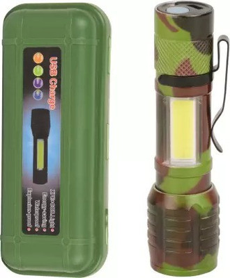 ECOSKY ALUMINUM ALLOY BODYMILIRTY GREEN USB RECHARGEABLE FLASHLIGHT TORCH COB Torch Torch(Multicolor, 10 cm, Rechargeable)