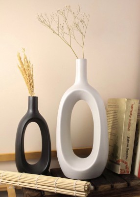 purezento Ceramic Vase(12 inch, White, Black)