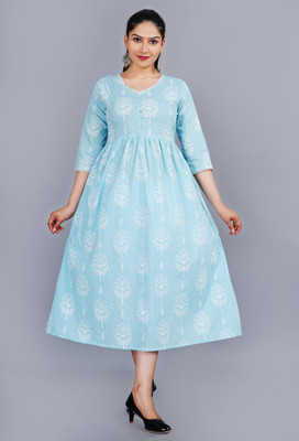 Draftclothing Women Printed Flared Kurta(Blue)