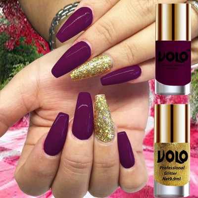 Volo Gloss Shine Wine Nail Polish Glitter High Shine Golden Nail Paint Wine, Golden Glitter(Pack of 2)