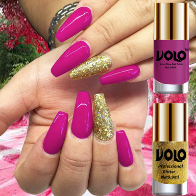 Volo Gloss Shine Bright Plum Nail Polish Glitter High Shine Golden Nail Paint Bright Plum, Golden Glitter(Pack of 2)