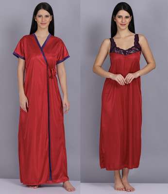 Golden Diva Women Nighty with Robe(Purple, Maroon)