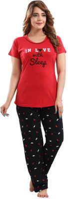 AneriDEALS Girls Printed Red, Black Night Suit Set