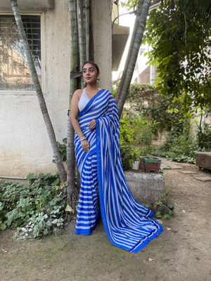 Anand Sarees Printed, Striped Bollywood Georgette Saree(Blue)