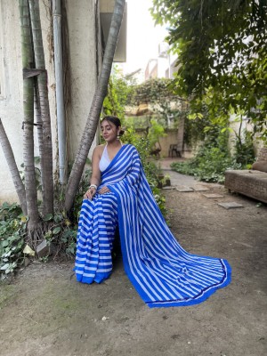 Anand Sarees Printed, Striped Bollywood Georgette Saree(Blue)