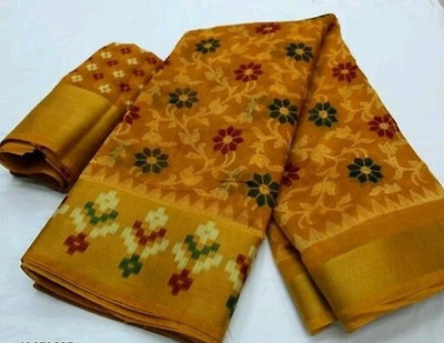 Suali Printed Patola Cotton Linen Saree(Mustard)