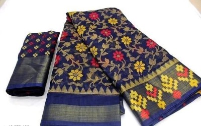 Saadhvi Printed Patola Cotton Linen Saree(Dark Blue)