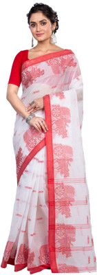 GitAsit Woven Tant Pure Cotton Saree(White)
