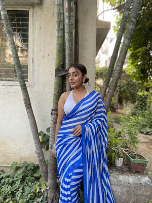 Anand Sarees Printed, Striped Bollywood Georgette Saree(Blue)