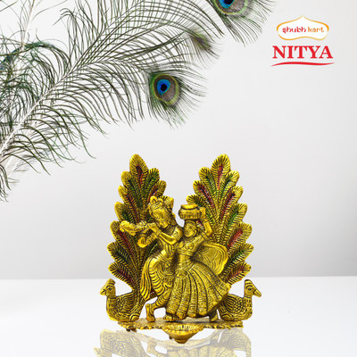 Shubhkart Nitya Radha Krishna Idol With Diya and Peacock Design - 280 g Decorative Showpiece  -  18.6 cm(Metal, Yellow)