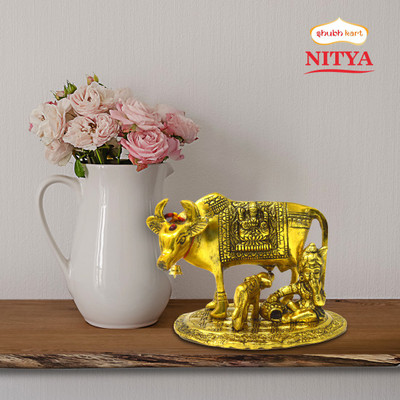 Shubhkart Nitya Kamdhenu Cow And Calf With Gopal Krishna Showpiece - 370 g Decorative Showpiece  -  10.7 cm(Metal, Yellow)