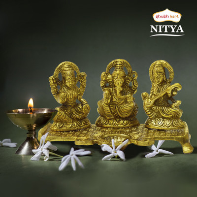 Shubhkart Nitya Ganesh Saraswati Idol with Diya Lamp Statue - 188 g Decorative Showpiece  -  10.5 cm(Metal, Yellow)