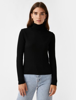 KOTON Self Design High Neck Casual Women Black Sweater