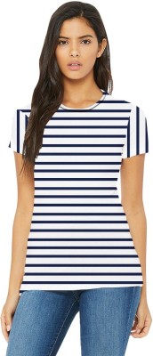 WW WON NOW Striped Women Round Neck White T-Shirt