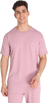 CHKOKKO Solid Men Round Neck Pink T-Shirt