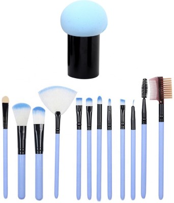 ROXER 12pcs Makeup Eyeshadow Brush Foundation Lips Eyebrows Face Cosmetic Brush Makeup Brushes Tool with Case Holder Kit 1 Mushroom Beauty Blender Sky Blue Color(Pack of 13)