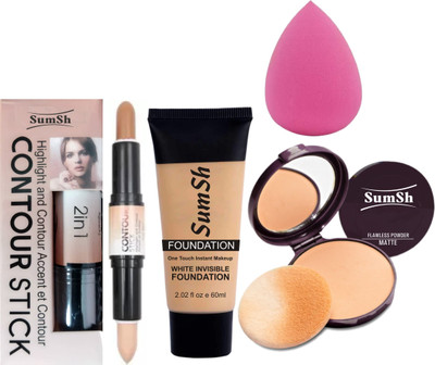 SumSh Highlighter and Contour Stick Concealer, FOUNDATION, Compact Powder, Spounge(4 Items in the set)