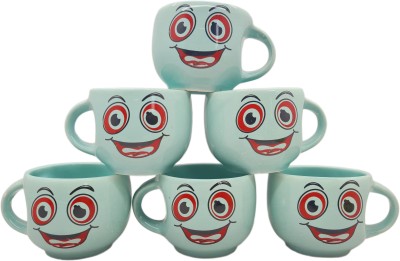 laghima jadon Pack of 6 Ceramic Coffee Cup & Tea/Mug Smile Big Emoji Round Shape Beautiful 130 ML (Turquoise)(Multicolor, Cup Set)