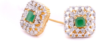 KYOOT JEWELS Sparkling Gold Halo Solitaire CZ Diamond Emerald stone Earrings Cubic Zirconia Brass, Crystal Stud Earring