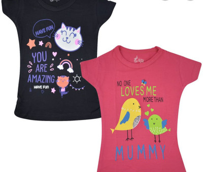 Jisha Boys & Girls Graphic Print Cotton Blend Regular T Shirt(Multicolor, Pack of 2)