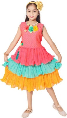 NEW BADSHA DRESSES Girls Midi/Knee Length Festive/Wedding Dress(Pink, Sleeveless)