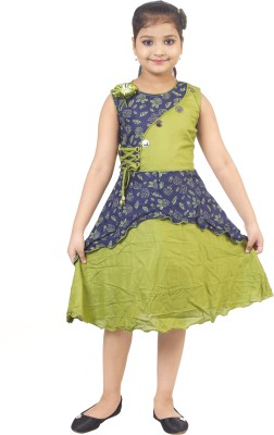 Star Case Girls Calf Length Casual Dress(Green, Sleeveless)