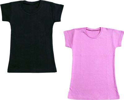 Indistar Boys & Girls Solid Cotton Blend Regular T Shirt(Multicolor, Pack of 2)
