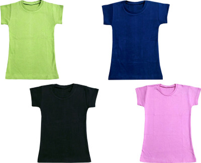 Indistar Boys & Girls Solid Cotton Blend Regular T Shirt(Multicolor, Pack of 4)