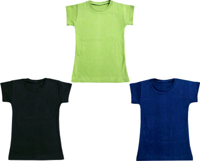 KAVYA Boys & Girls Solid Cotton Blend Regular T Shirt(Multicolor, Pack of 3)