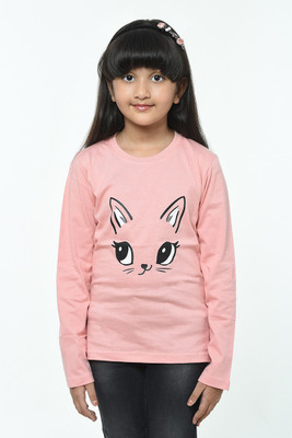 SHINX Girls Printed Pure Cotton Regular T Shirt(Pink, Pack of 1)