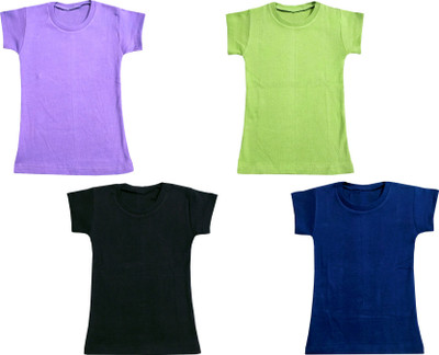 Indistar Boys & Girls Solid Cotton Blend Regular T Shirt(Multicolor, Pack of 4)