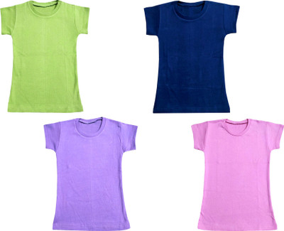 Indistar Boys & Girls Solid Cotton Blend Regular T Shirt(Multicolor, Pack of 4)