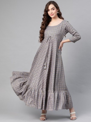 MBE Women Checkered Anarkali Kurta(Grey)