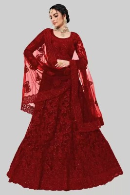 PRANJAL ART Solid, Embroidered, Embellished, Self Design, Striped Semi Stitched Lehenga Choli(Red)
